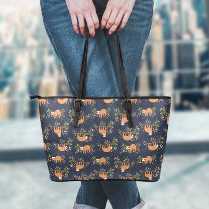 Cute Sloth Pattern Print Leather Tote Bag