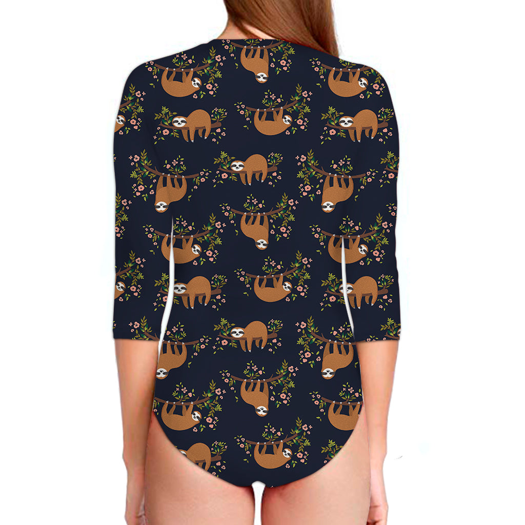 Cute Sloth Pattern Print Long Sleeve Swimsuit