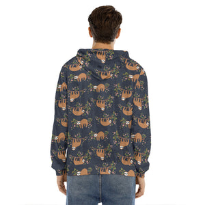 Cute Sloth Pattern Print Men's Velvet Pullover Hoodie