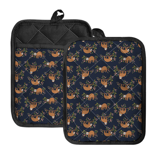 Cute Sloth Pattern Print Pot Holders With Pocket