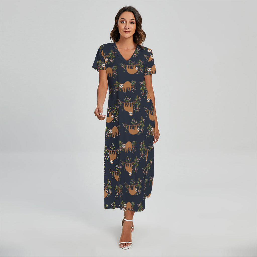 Cute Sloth Pattern Print Short Sleeve Maxi Dress