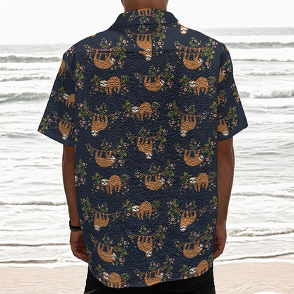 Cute Sloth Pattern Print Textured Short Sleeve Shirt