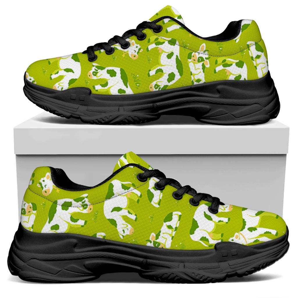 Cute Smiley Cow Pattern Print Black Chunky Shoes