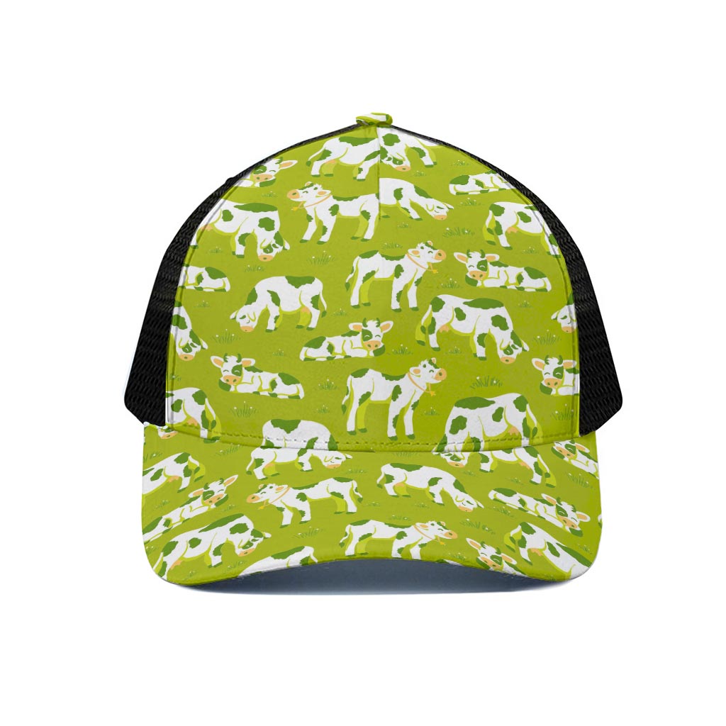 Cute Smiley Cow Pattern Print Black Mesh Trucker Cap