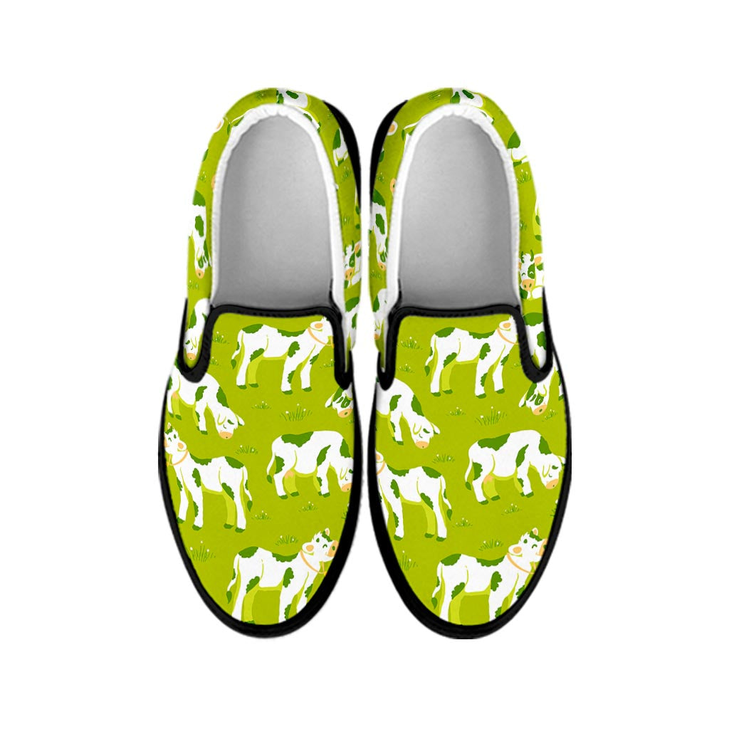Cute Smiley Cow Pattern Print Black Slip On Sneakers