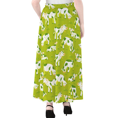 Cute Smiley Cow Pattern Print Chiffon Maxi Skirt