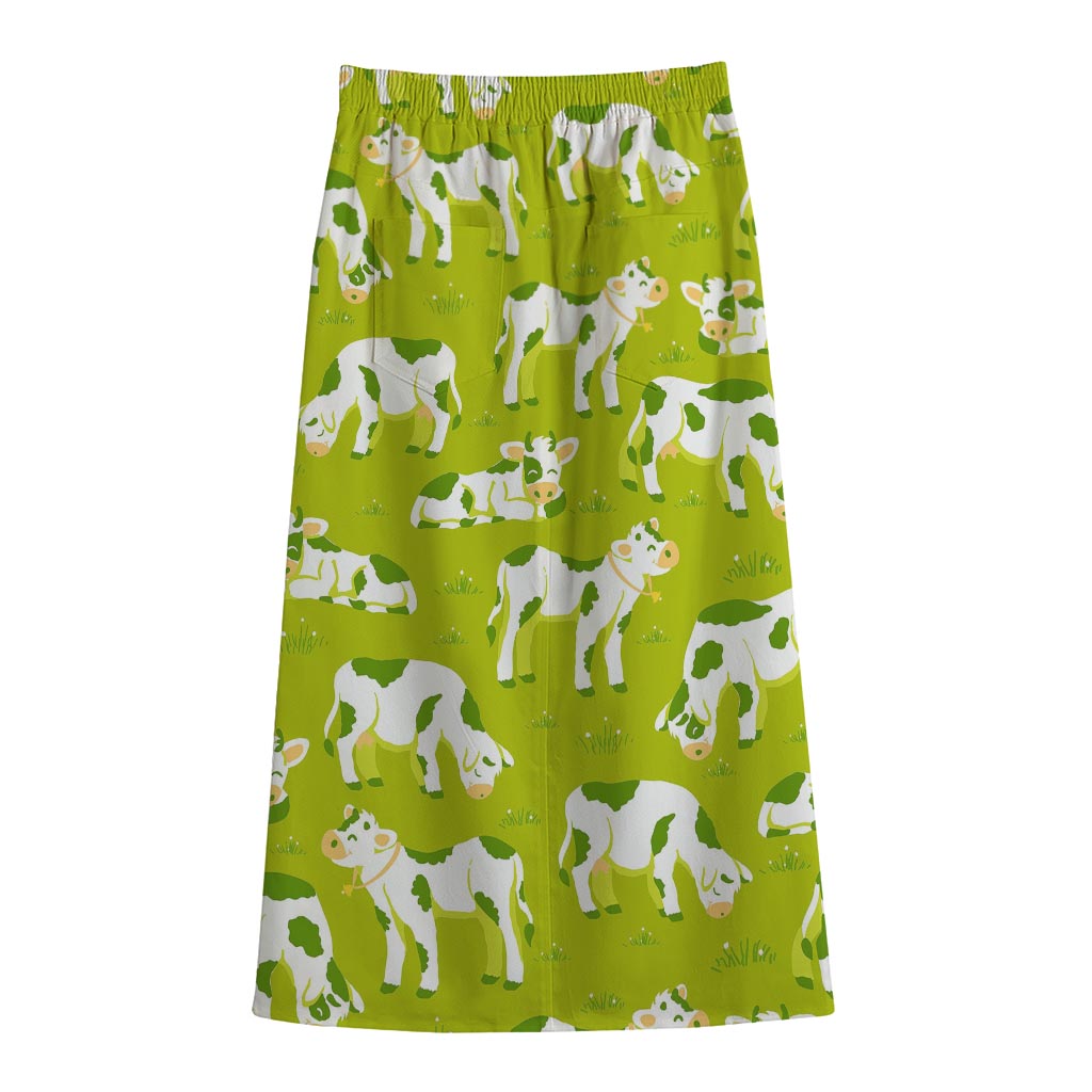 Cute Smiley Cow Pattern Print Cotton Front Slit Maxi Skirt