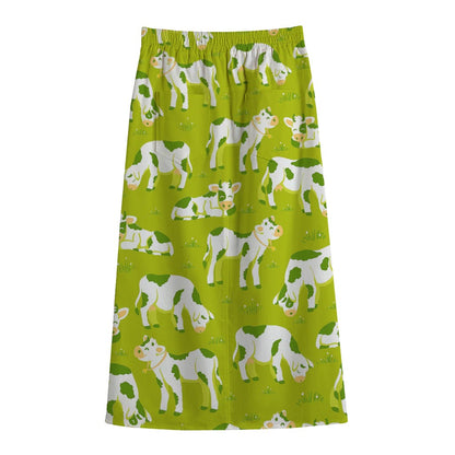 Cute Smiley Cow Pattern Print Cotton Front Slit Maxi Skirt