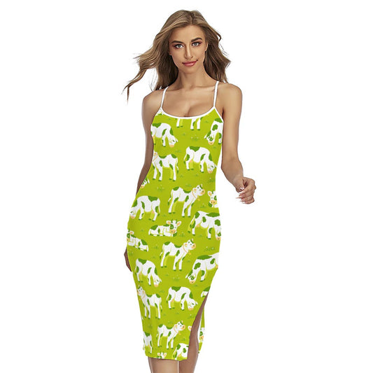 Cute Smiley Cow Pattern Print Cross Back Cami Dress