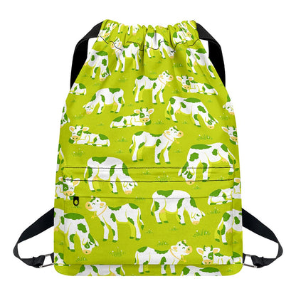 Cute Smiley Cow Pattern Print Drawstring Backpack