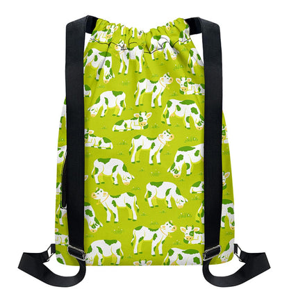 Cute Smiley Cow Pattern Print Drawstring Backpack