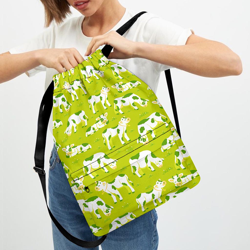 Cute Smiley Cow Pattern Print Drawstring Backpack