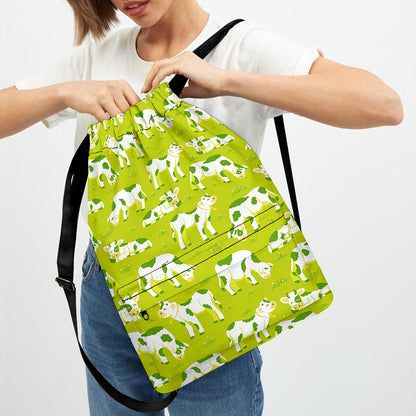 Cute Smiley Cow Pattern Print Drawstring Backpack
