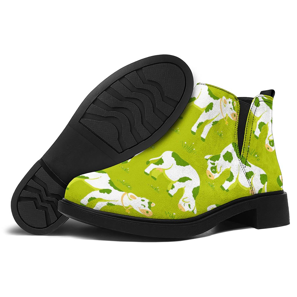 Cute Smiley Cow Pattern Print Flat Ankle Boots