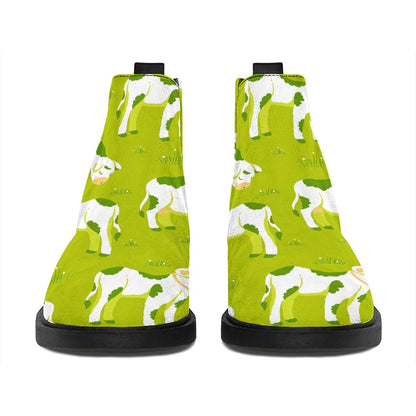 Cute Smiley Cow Pattern Print Flat Ankle Boots