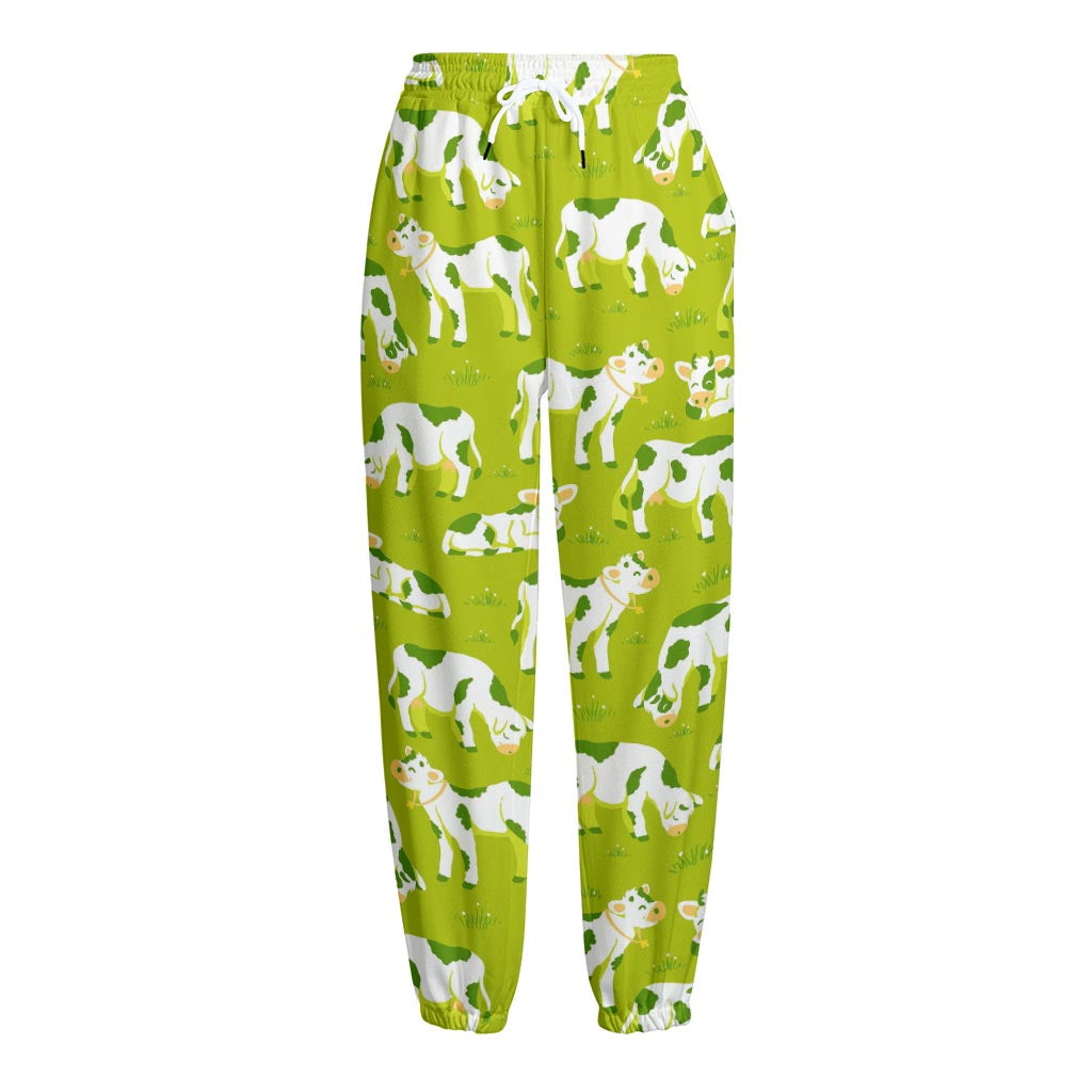 Cute Smiley Cow Pattern Print Fleece Lined Knit Pants