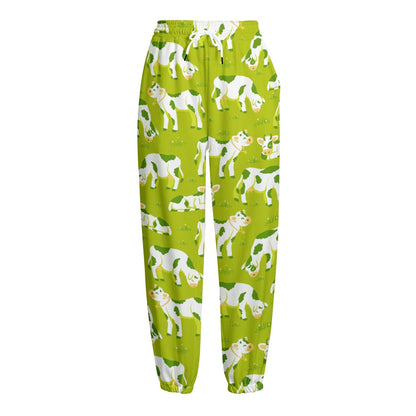Cute Smiley Cow Pattern Print Fleece Lined Knit Pants