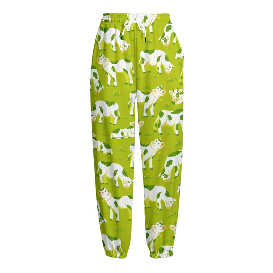 Cute Smiley Cow Pattern Print Fleece Lined Knit Pants
