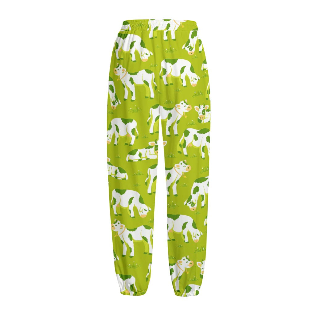 Cute Smiley Cow Pattern Print Fleece Lined Knit Pants