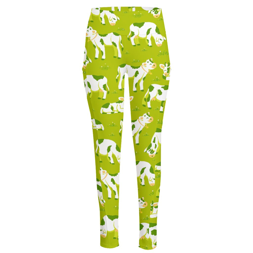 Cute Smiley Cow Pattern Print High-Waisted Pocket Leggings