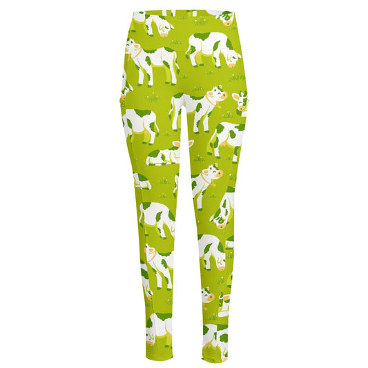 Cute Smiley Cow Pattern Print High-Waisted Pocket Leggings