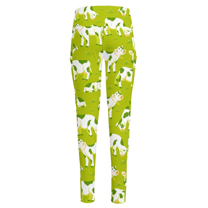 Cute Smiley Cow Pattern Print High-Waisted Pocket Leggings