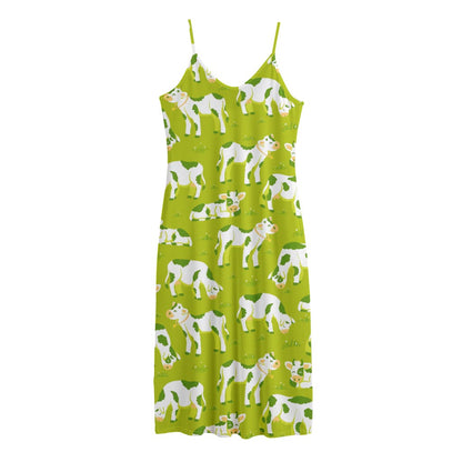 Cute Smiley Cow Pattern Print Jersey Midi Cami Dress