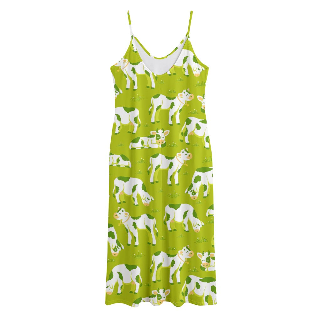 Cute Smiley Cow Pattern Print Jersey Midi Cami Dress