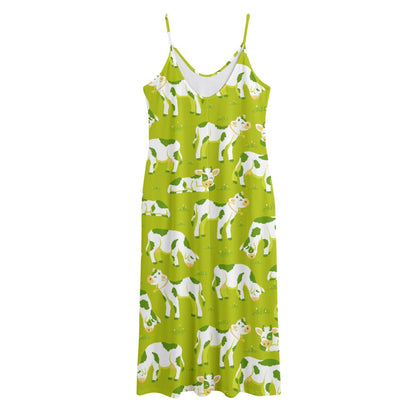 Cute Smiley Cow Pattern Print Jersey Midi Cami Dress