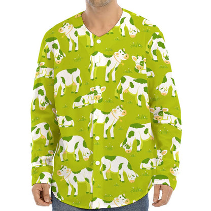 Cute Smiley Cow Pattern Print Long Sleeve Baseball Jersey