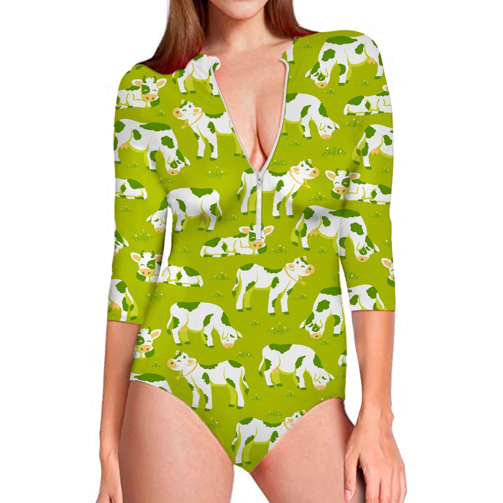 Cute Smiley Cow Pattern Print Long Sleeve Swimsuit