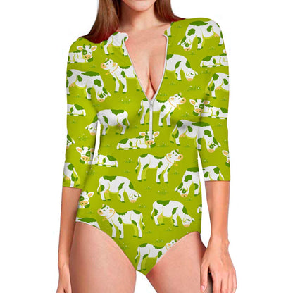 Cute Smiley Cow Pattern Print Long Sleeve Swimsuit