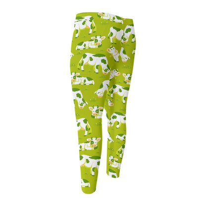 Cute Smiley Cow Pattern Print Men's Compression Pants