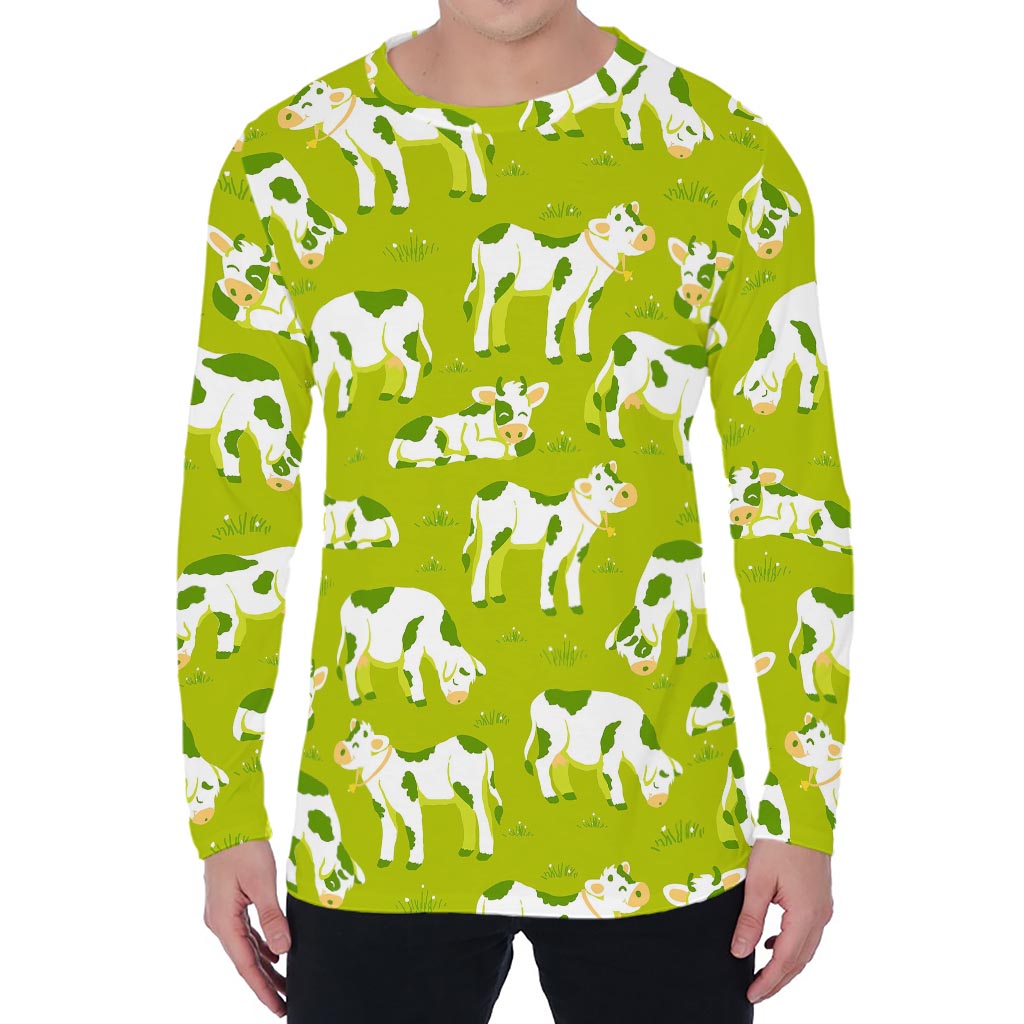 Cute Smiley Cow Pattern Print Men's Long Sleeve T-Shirt
