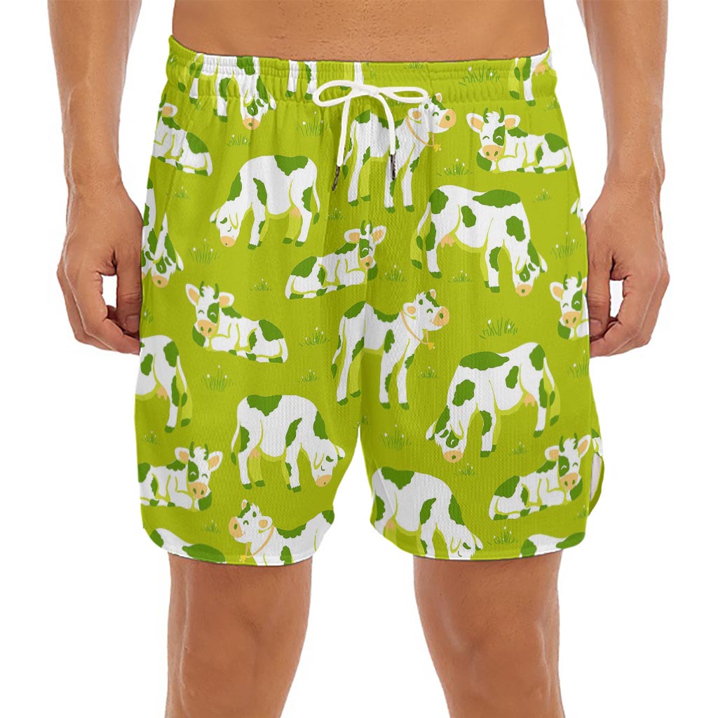 Cute Smiley Cow Pattern Print Men's Split Running Shorts