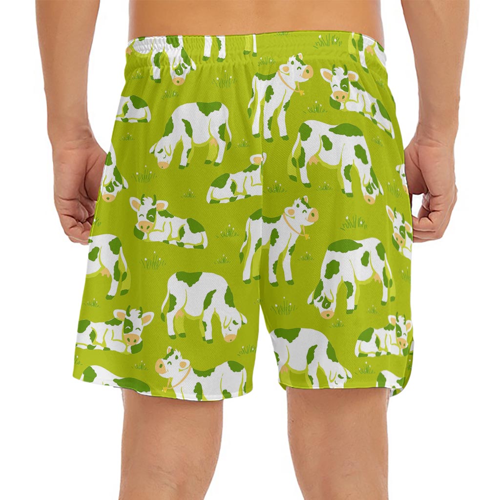 Cute Smiley Cow Pattern Print Men's Split Running Shorts