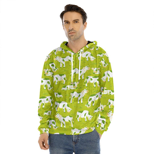 Cute Smiley Cow Pattern Print Men's Velvet Pullover Hoodie