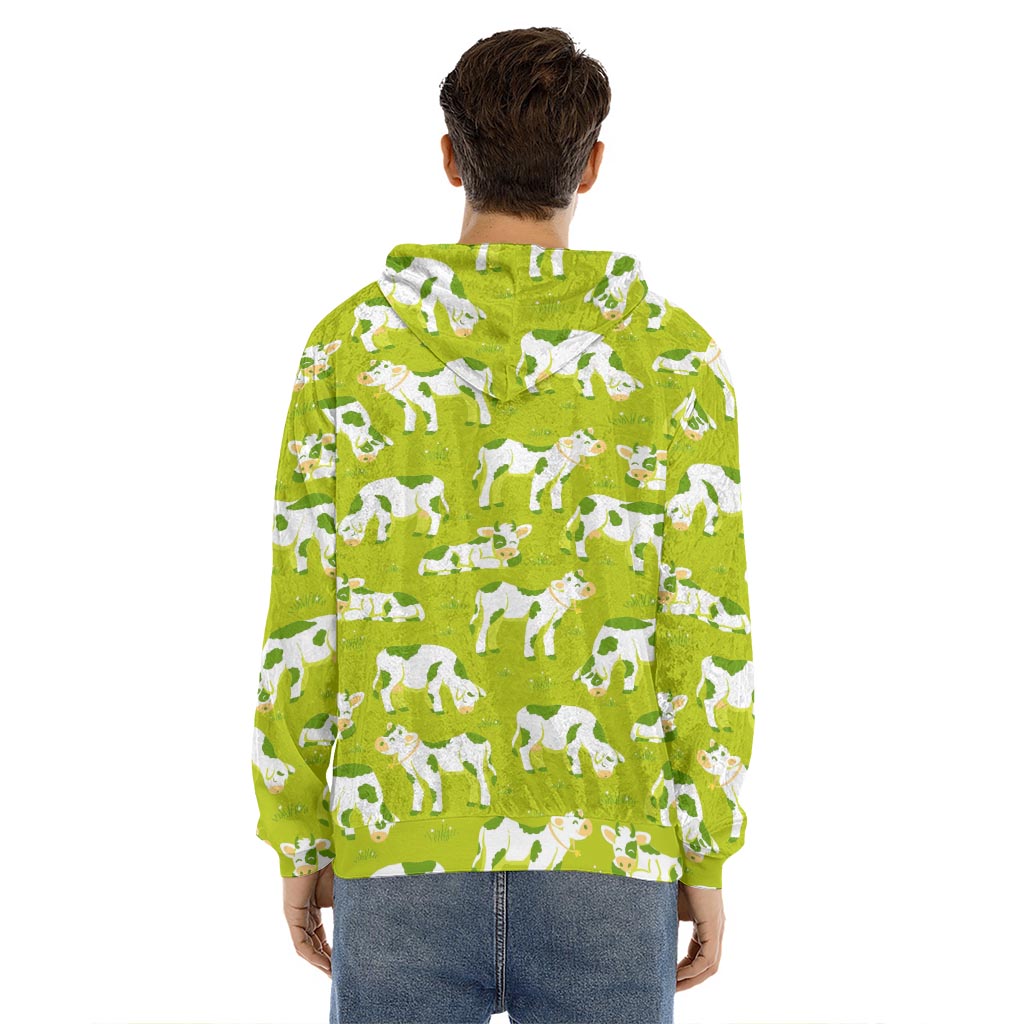 Cute Smiley Cow Pattern Print Men's Velvet Pullover Hoodie