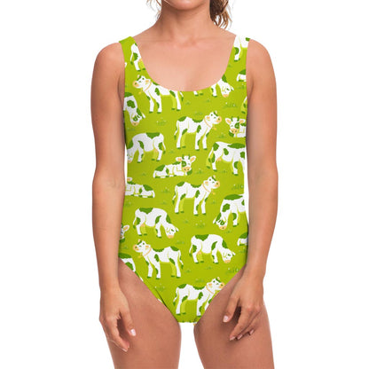 Cute Smiley Cow Pattern Print One Piece Swimsuit