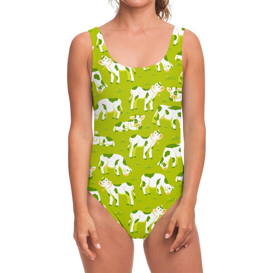 Cute Smiley Cow Pattern Print One Piece Swimsuit