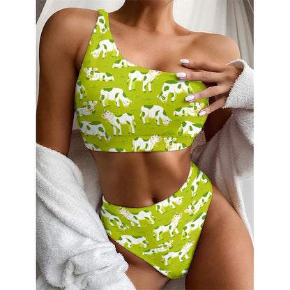 Cute Smiley Cow Pattern Print One Shoulder Bikini Top