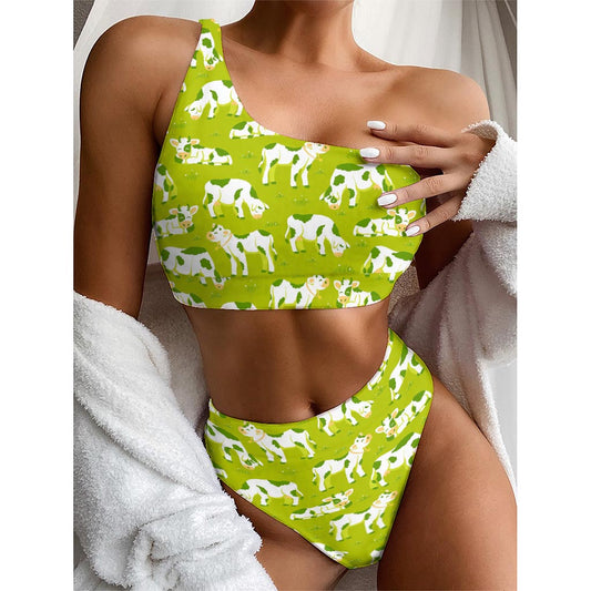 Cute Smiley Cow Pattern Print One Shoulder Bikini Top