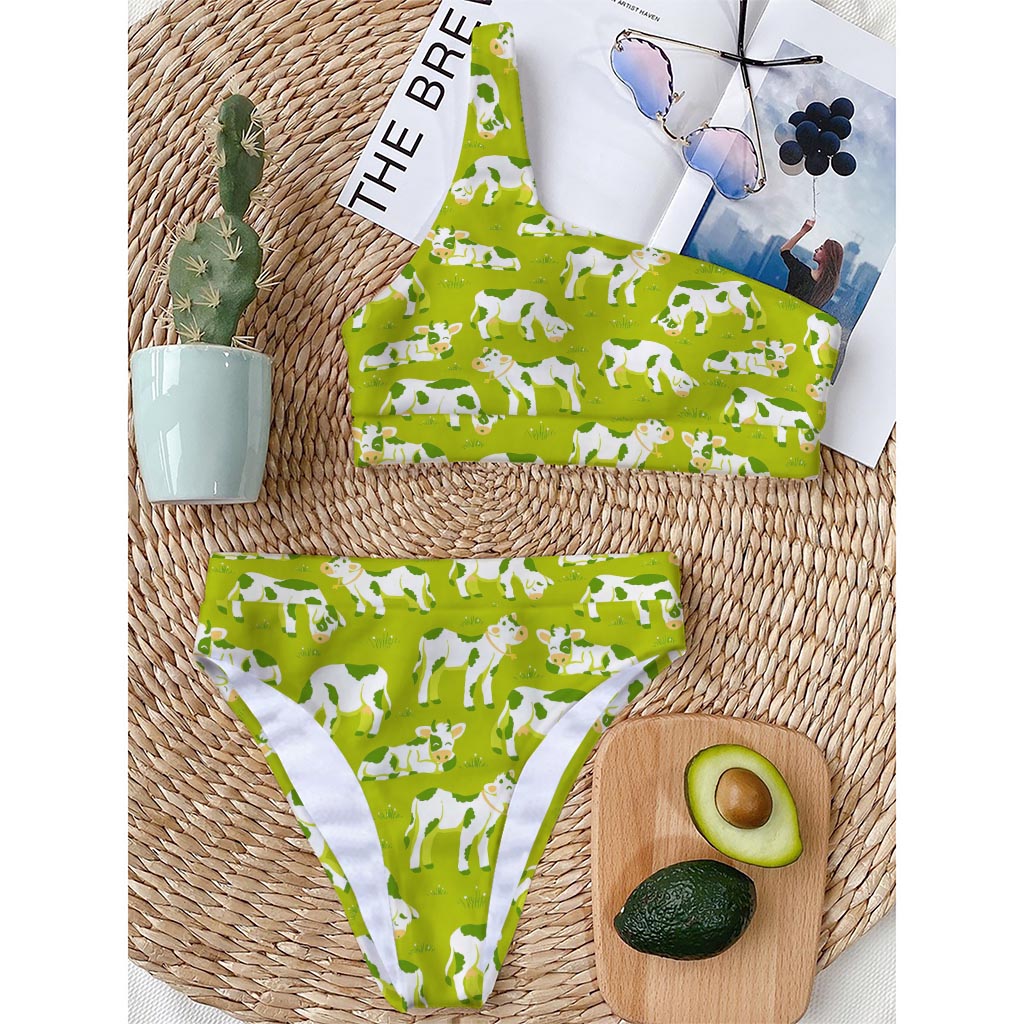 Cute Smiley Cow Pattern Print One Shoulder Bikini Top