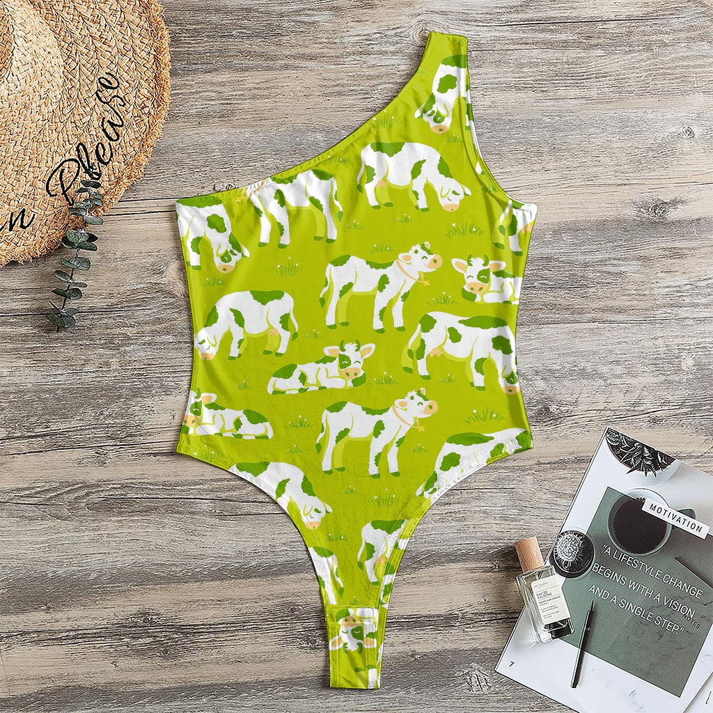 Cute Smiley Cow Pattern Print One Shoulder Bodysuit