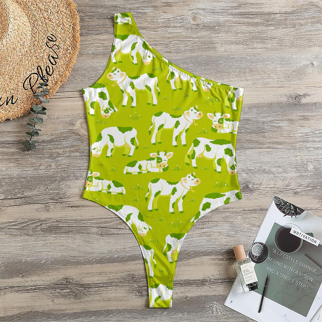 Cute Smiley Cow Pattern Print One Shoulder Bodysuit