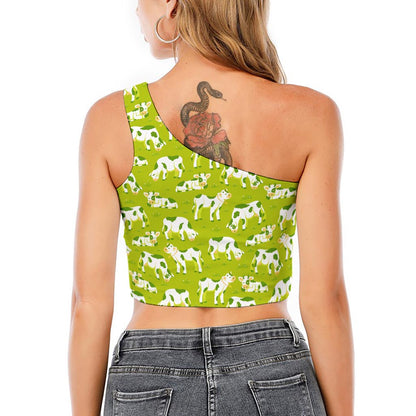 Cute Smiley Cow Pattern Print One Shoulder Crop Top