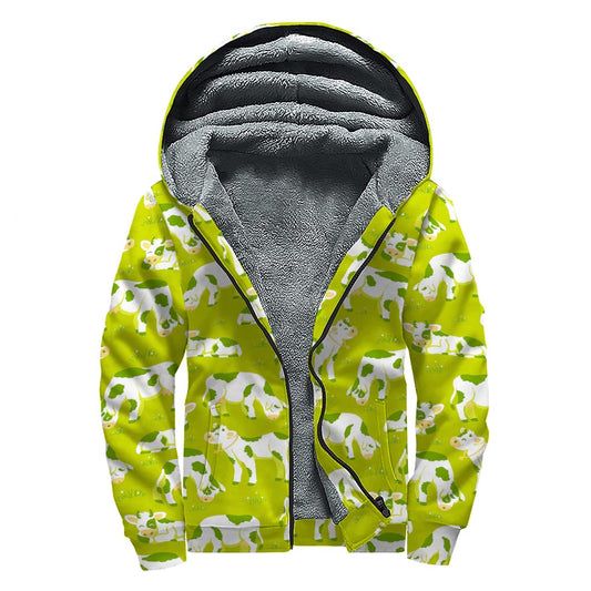 Cute Smiley Cow Pattern Print Sherpa Lined Zip Up Hoodie