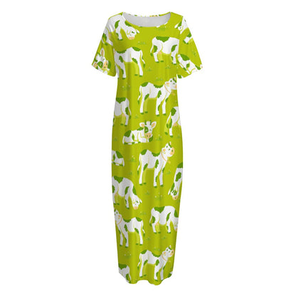 Cute Smiley Cow Pattern Print Short Sleeve Long Nightdress