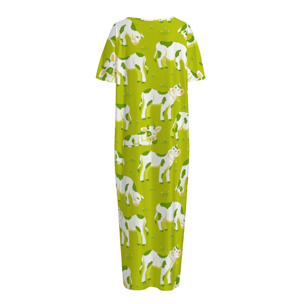 Cute Smiley Cow Pattern Print Short Sleeve Long Nightdress