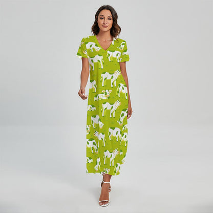 Cute Smiley Cow Pattern Print Short Sleeve Maxi Dress